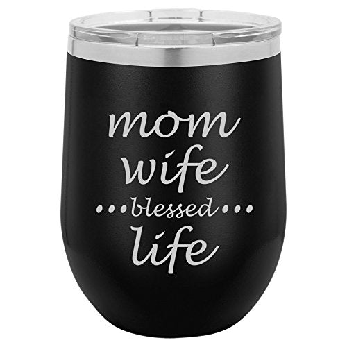 12 oz Double Wall Vacuum Insulated Stainless Steel Stemless Wine Tumbler Glass Coffee Travel Mug With Lid Mom Wife Blessed Life Mother (Black)