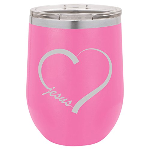 12 oz Double Wall Vacuum Insulated Stainless Steel Stemless Wine Tumbler Glass Coffee Travel Mug With Lid Love Heart Jesus (Hot-Pink)