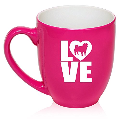 16 oz Large Bistro Mug Ceramic Coffee Tea Glass Cup Love Pug (Hot Pink)