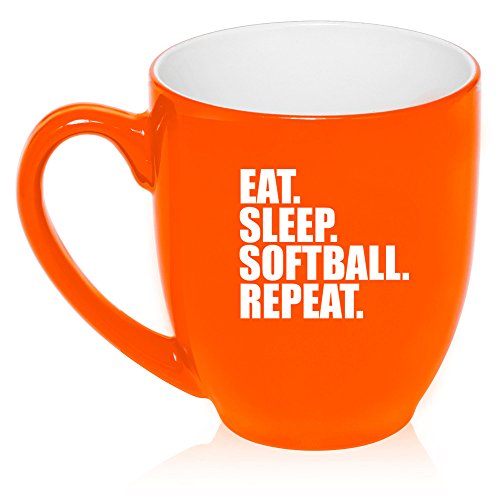 16 oz Large Bistro Mug Ceramic Coffee Tea Glass Cup Eat Sleep Softball Repeat (Orange)