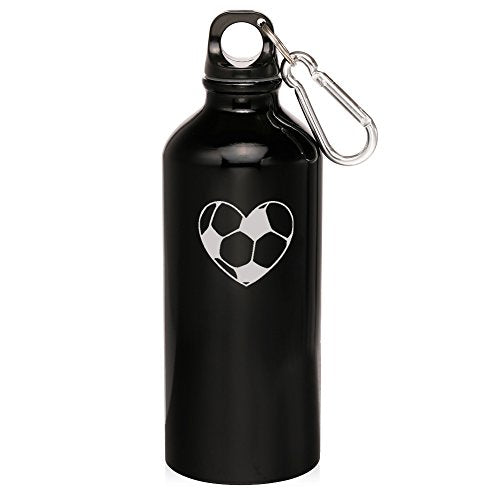 20oz Aluminum Sports Water Bottle Caribiner Clip Heart Soccer Ball (Black)