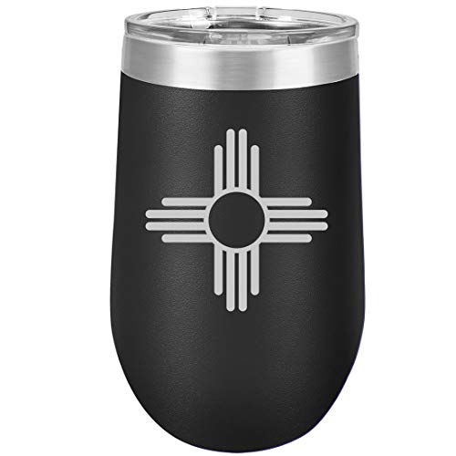 16 oz Double Wall Vacuum Insulated Stainless Steel Stemless Wine Tumbler Glass Coffee Travel Mug With Lid New Mexico Sun Symbol (Black)