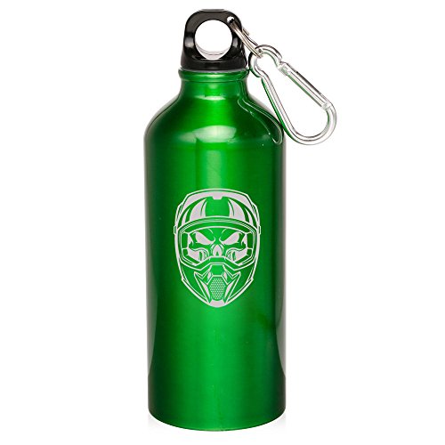 20oz Aluminum Sports Water Bottle Caribiner Clip Skull Motocross Helmet (Green)