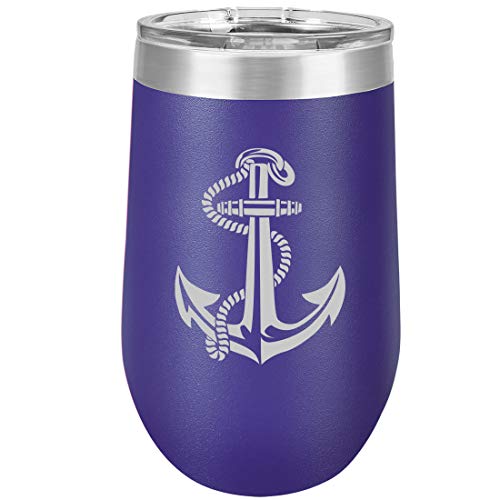 16 oz Double Wall Vacuum Insulated Stainless Steel Stemless Wine Tumbler Glass Coffee Travel Mug With Lid Anchor With Rope (Purple)