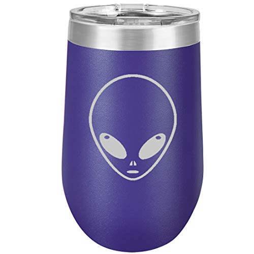 16 oz Double Wall Vacuum Insulated Stainless Steel Stemless Wine Tumbler Glass Coffee Travel Mug With Lid Alien Head (Purple)