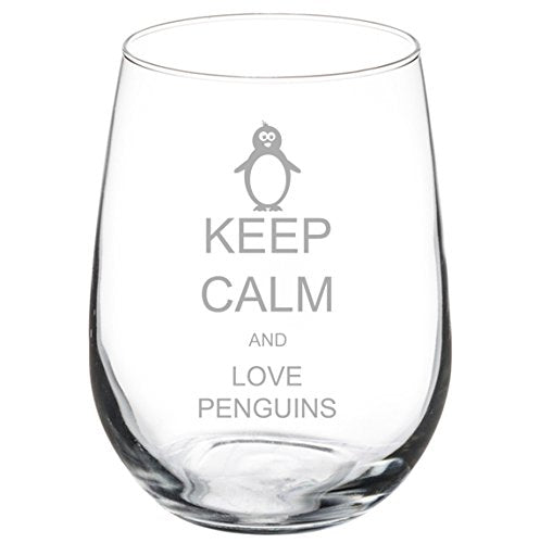 Wine Glass Goblet Keep Calm and Love Penguins (17 oz Stemless)