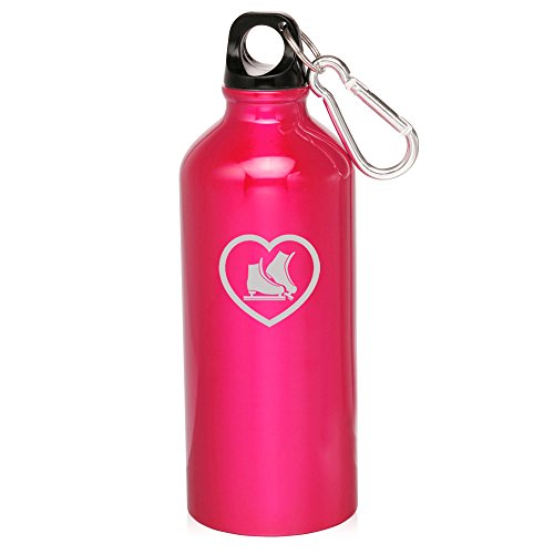 20oz Aluminum Sports Water Bottle Caribiner Clip Heart Ice Skates (Hot Pink)