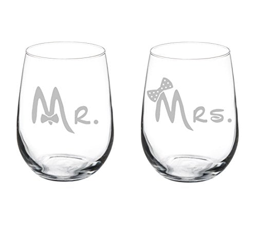 Set of 2 Wine Glasses Wedding Married Couple Mr. Mrs. Bows (17 oz Stemless)