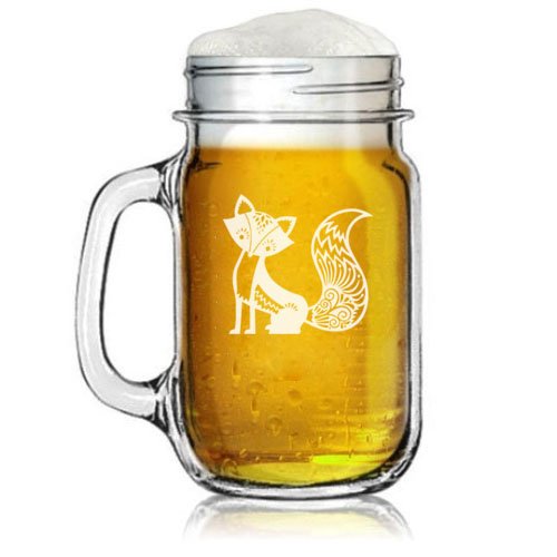 16oz Mason Jar Glass Mug w/ Handle Fancy Fox