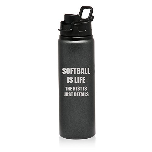 25 oz Aluminum Sports Water Travel Bottle Softball Is Life (Charcoal)
