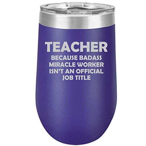 16 oz Double Wall Vacuum Insulated Stainless Steel Stemless Wine Tumbler Glass Coffee Travel Mug With Lid Teacher Miracle Worker Job Title Funny (Purple)