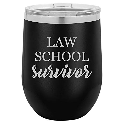 12 oz Double Wall Vacuum Insulated Stainless Steel Stemless Wine Tumbler Glass Coffee Travel Mug With Lid Law School Survivor Law School Student Lawyer Paralegal Funny (Black)