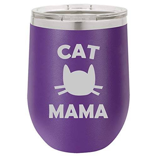 12 oz Double Wall Vacuum Insulated Stainless Steel Stemless Wine Tumbler Glass Coffee Travel Mug With Lid Cat Mama (Purple)