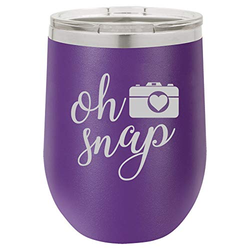 12 oz Double Wall Vacuum Insulated Stainless Steel Stemless Wine Tumbler Glass Coffee Travel Mug With Lid Oh Snap Funny Camera Picture Photographer (Purple)