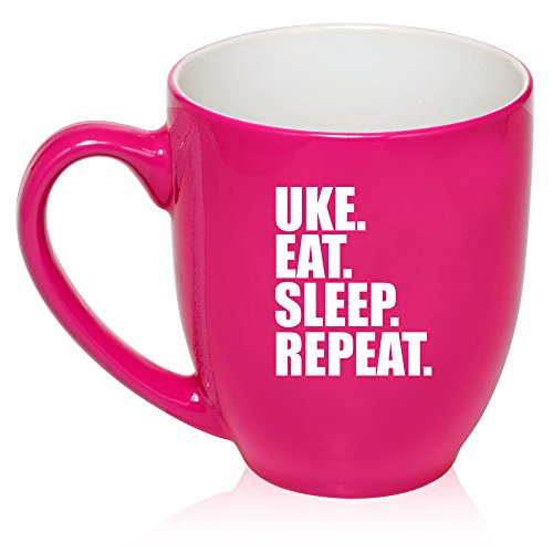 16 oz Large Bistro Mug Ceramic Coffee Tea Glass Cup Uke Eat Sleep Repeat Ukulele (Hot Pink)