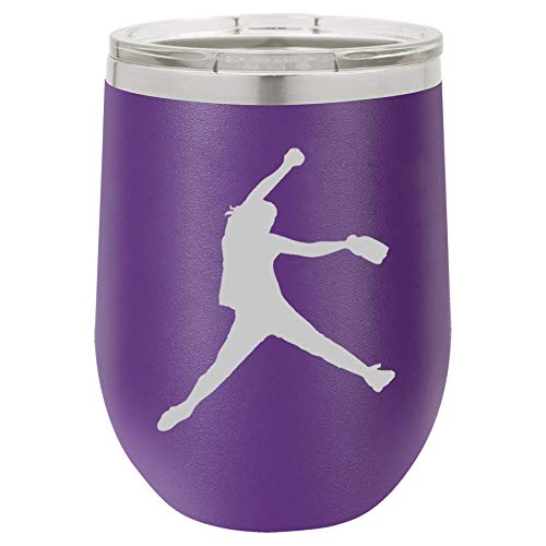 12 oz Double Wall Vacuum Insulated Stainless Steel Stemless Wine Tumbler Glass Coffee Travel Mug With Lid Female Softball Pitcher (Purple)