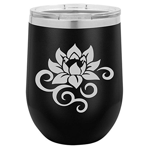 12 oz Double Wall Vacuum Insulated Stainless Steel Stemless Wine Tumbler Glass Coffee Travel Mug With Lid Lotus Flower Scroll (Black)