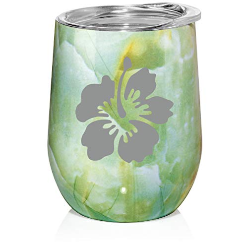 12 oz Double Wall Vacuum Insulated Stainless Steel Marble Stemless Wine Tumbler Glass Coffee Travel Mug With Lid Hibiscus Flower (Turquoise Green Marble)