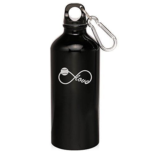 20oz Aluminum Sports Water Bottle Caribiner Clip Infinity Love for Baseball Softball (Black)