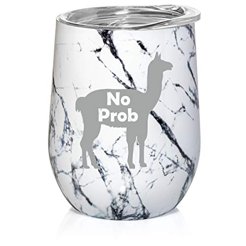 12 oz Double Wall Vacuum Insulated Stainless Steel Marble Stemless Wine Tumbler Glass Coffee Travel Mug With Lid No Prob Llama Funny (Black White Marble)