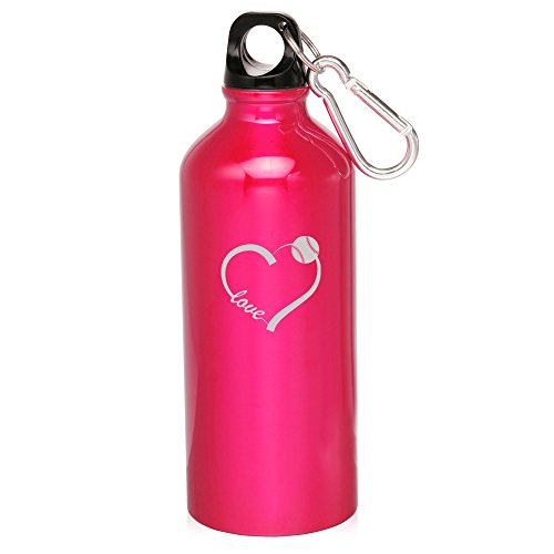 20oz Aluminum Sports Water Bottle Caribiner Clip Love Baseball Softball Heart (Hot Pink)