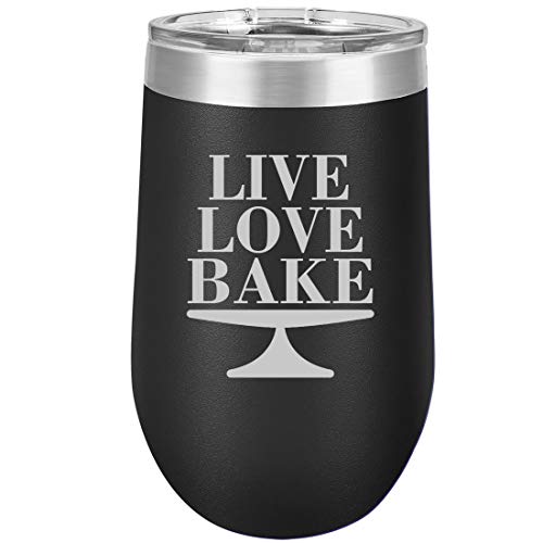 16 oz Double Wall Vacuum Insulated Stainless Steel Stemless Wine Tumbler Glass Coffee Travel Mug With Lid Live Love Bake (Black)