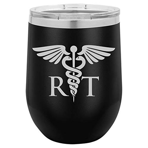 12 oz Double Wall Vacuum Insulated Stainless Steel Stemless Wine Tumbler Glass Coffee Travel Mug With Lid RT Rad Tech Radiologic Technologist (Black)