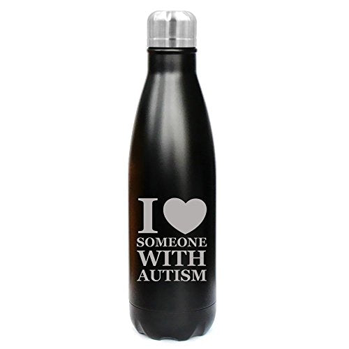 17 oz. Double Wall Vacuum Insulated Stainless Steel Water Bottle Travel Mug Cup I Love Heart Someone With Autism (Black)