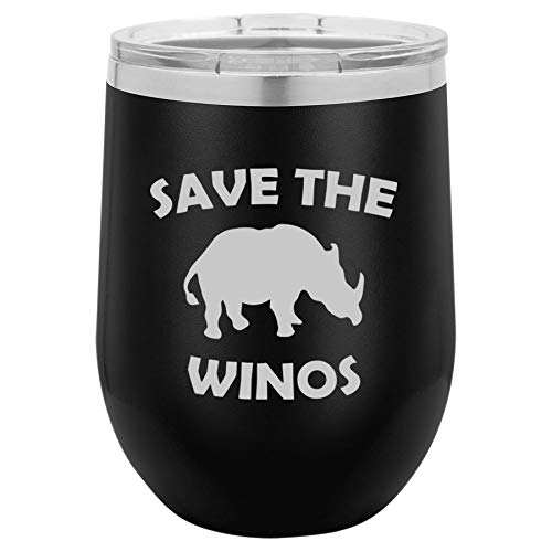 12 oz Double Wall Vacuum Insulated Stainless Steel Stemless Wine Tumbler Glass Coffee Travel Mug With Lid Save The Winos Rhinoceros Rhino Funny (Black)