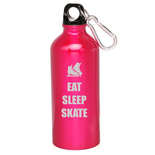 20oz Aluminum Sports Water Bottle Caribiner Clip Eat Sleep Skate Ice Skates (Hot Pink)