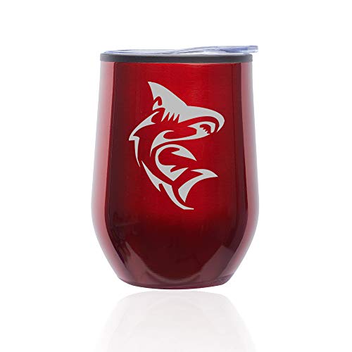 Stemless Wine Tumbler Coffee Travel Mug Glass With Lid Shark (Red)