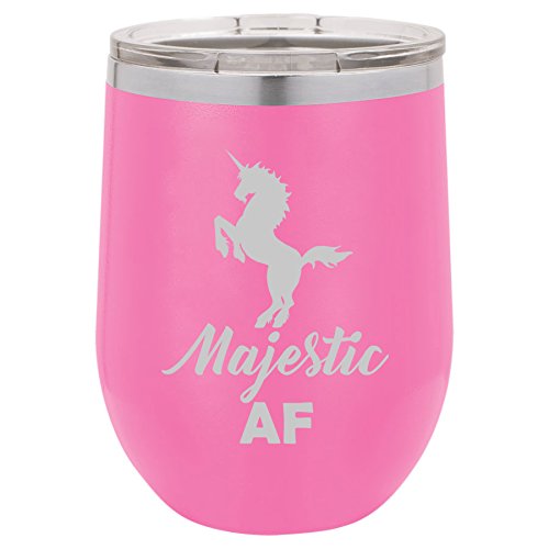 12 oz Double Wall Vacuum Insulated Stainless Steel Stemless Wine Tumbler Glass Coffee Travel Mug With Lid Majestic AF Unicorn (Hot-Pink)