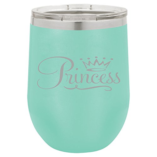 12 oz Double Wall Vacuum Insulated Stainless Steel Stemless Wine Tumbler Glass Coffee Travel Mug With Lid Princess Fancy (Teal)