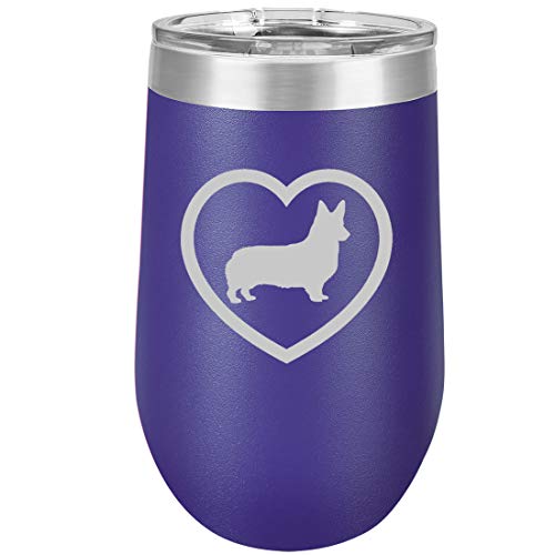 16 oz Double Wall Vacuum Insulated Stainless Steel Stemless Wine Tumbler Glass Coffee Travel Mug With Lid Corgi Heart (Purple)