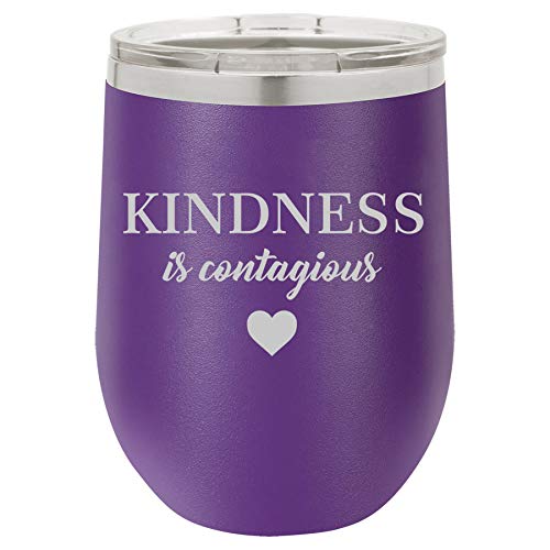 12 oz Double Wall Vacuum Insulated Stainless Steel Stemless Wine Tumbler Glass Coffee Travel Mug With Lid Kindness Is Contagious (Purple)