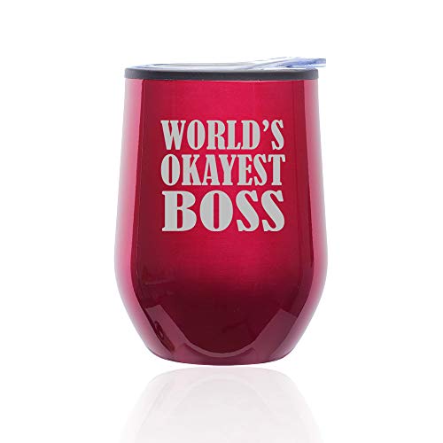 Stemless Wine Tumbler Coffee Travel Mug Glass With Lid World's Okayest Boss (Fuchsia)