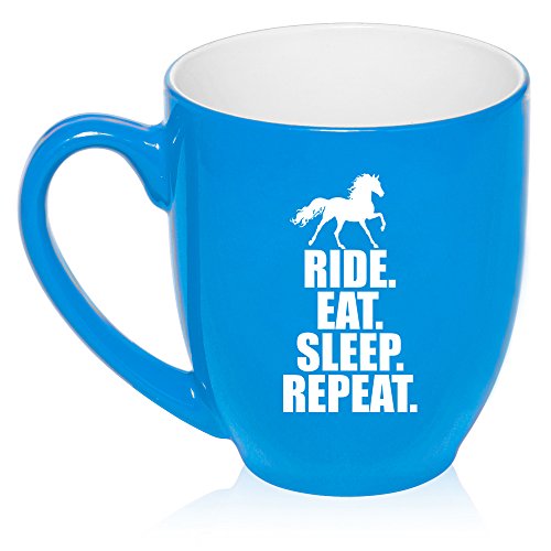 16 oz Large Bistro Mug Ceramic Coffee Tea Glass Cup Horse Ride Eat Sleep Repeat (Light Blue)