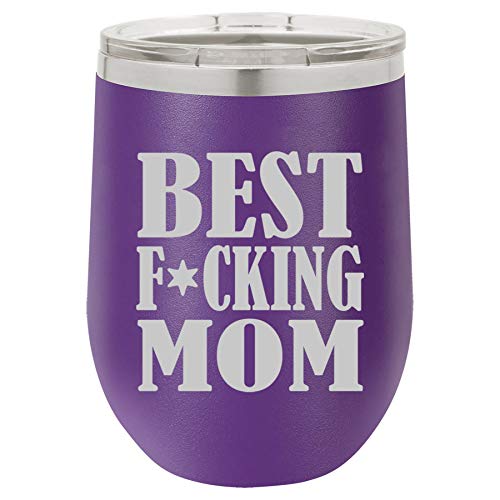 12 oz Double Wall Vacuum Insulated Stainless Steel Stemless Wine Tumbler Glass Coffee Travel Mug With Lid Best F ing Mom Mother (Purple)