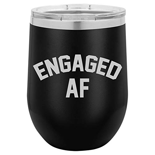 12 oz Double Wall Vacuum Insulated Stainless Steel Stemless Wine Tumbler Glass Coffee Travel Mug With Lid Engaged AF Funny Engagement (Black)