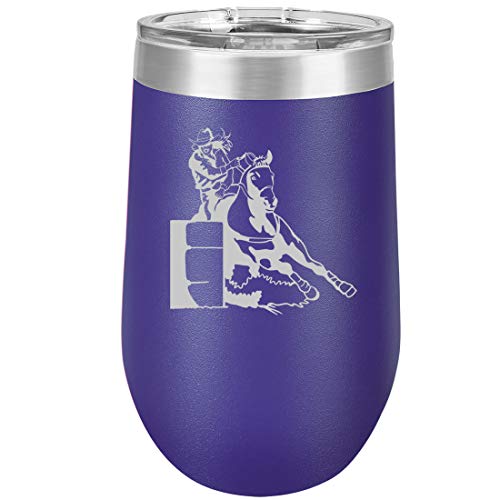 16 oz Double Wall Vacuum Insulated Stainless Steel Stemless Wine Tumbler Glass Coffee Travel Mug With Lid Female Barrel Racing Cowgirl (Purple)