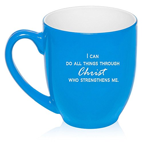 16 oz Large Bistro Mug Ceramic Coffee Tea Glass Cup I Can Do All Things Through Christ Who Strengthens Me (Light Blue)