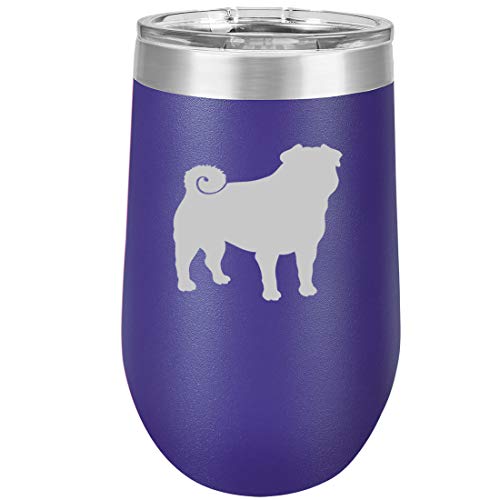 16 oz Double Wall Vacuum Insulated Stainless Steel Stemless Wine Tumbler Glass Coffee Travel Mug With Lid Pug (Purple)