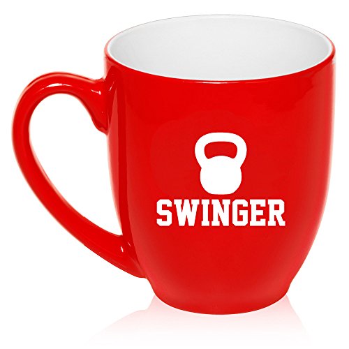 16 oz Large Bistro Mug Ceramic Coffee Tea Glass Cup Swinger Kettlebell Funny Workout Fitness (Red)