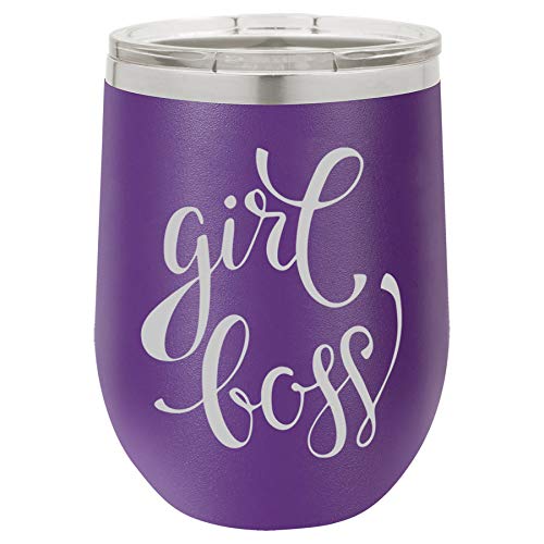 12 oz Double Wall Vacuum Insulated Stainless Steel Stemless Wine Tumbler Glass Coffee Travel Mug With Lid Girl Boss (Purple)