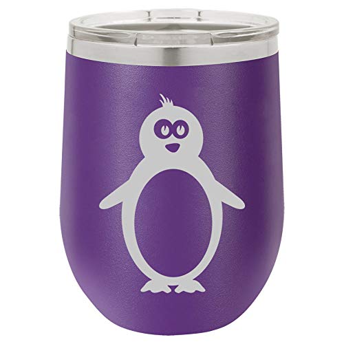 12 oz Double Wall Vacuum Insulated Stainless Steel Stemless Wine Tumbler Glass Coffee Travel Mug With Lid Penguin (Purple)