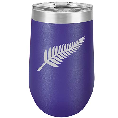 16 oz Double Wall Vacuum Insulated Stainless Steel Stemless Wine Tumbler Glass Coffee Travel Mug With Lid New Zealand Silver Fern (Purple)