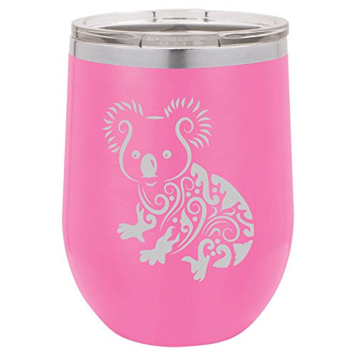 12 oz Double Wall Vacuum Insulated Stainless Steel Stemless Wine Tumbler Glass Coffee Travel Mug With Lid Fancy Koala Bear (Hot-Pink)