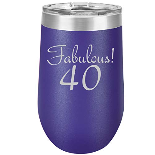 16 oz Double Wall Vacuum Insulated Stainless Steel Stemless Wine Tumbler Glass Coffee Travel Mug With Lid Fabulous 40 40th Birthday (Purple)