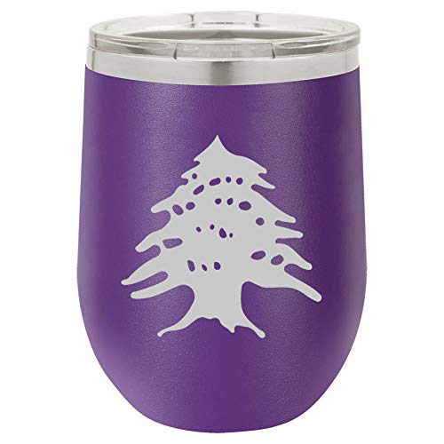 12 oz Double Wall Vacuum Insulated Stainless Steel Stemless Wine Tumbler Glass Coffee Travel Mug With Lid Cedar Tree Lebanon Lebanese (Purple)