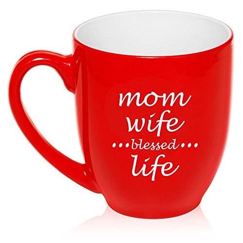 16 oz Large Bistro Mug Ceramic Coffee Tea Glass Cup Mom Wife Blessed Life Mother (Red)